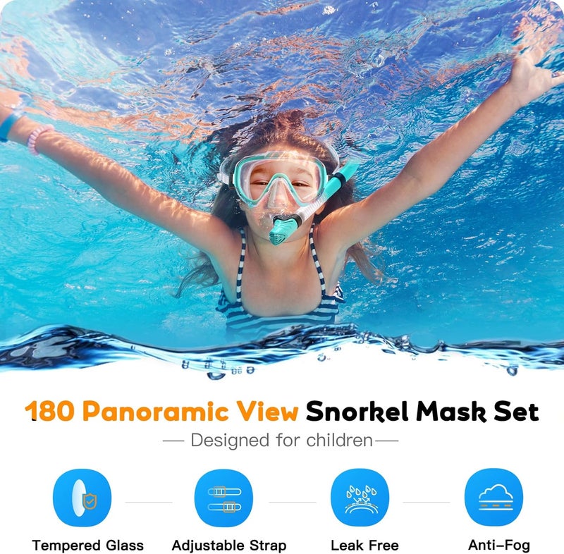 Seovediary Kids Snorkel Set, Anti-Fog Panoramic Tempered Glass Kids Snorkel mask, Anti-Leak Scuba Diving Mask with Mesh Bag, Dry Top Snorkeling Gear for Kids and Youth Age 4-16 - Image 2
